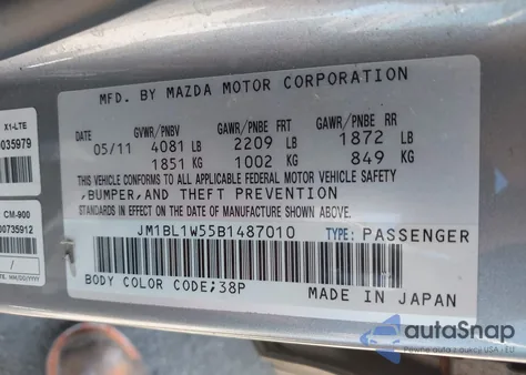 2011 Mazda Mazda3 from USA, damaged, VIN JM1BL1W55B1487010